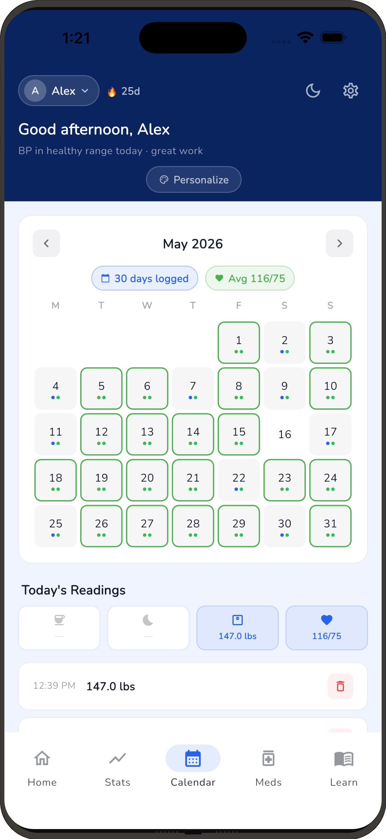Calendar tab