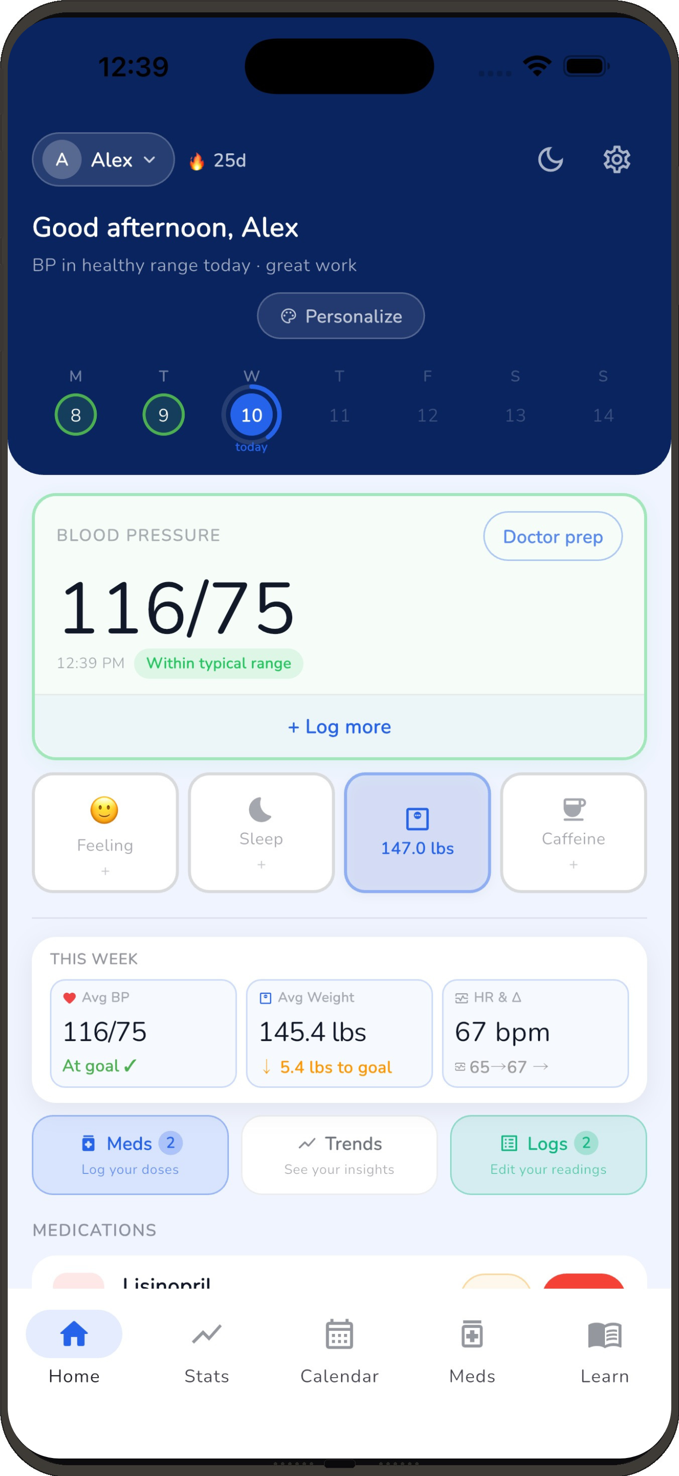 Preslia home screen showing blood pressure 119/76